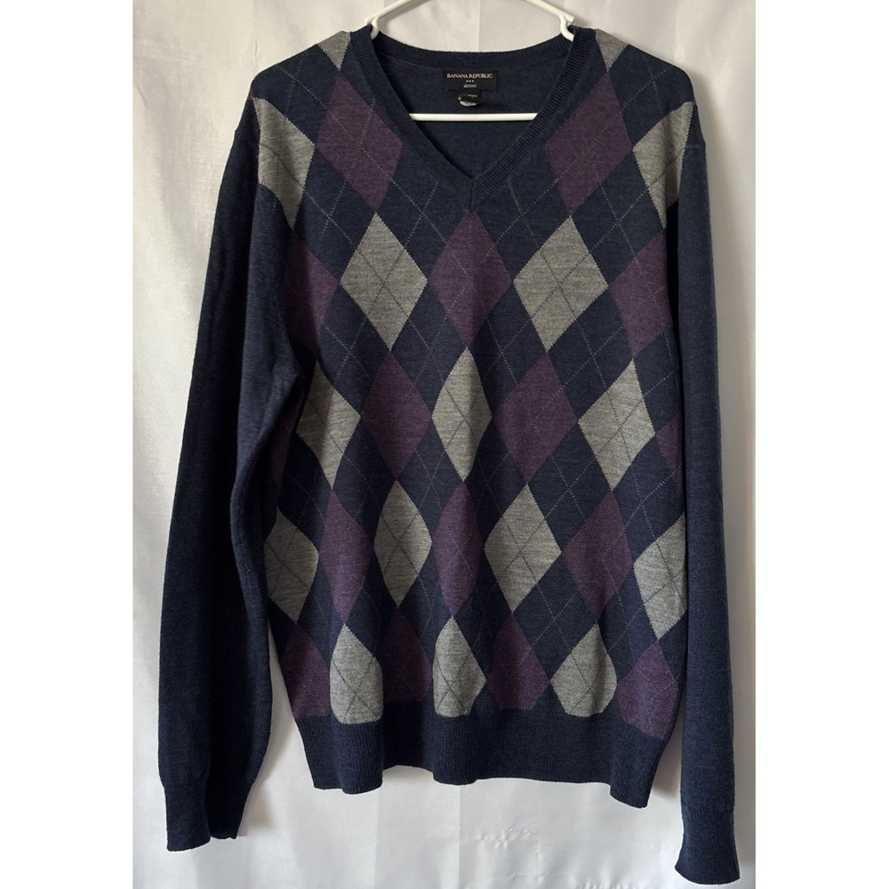 Banana Republic Men's Argyle V-Neck Gray 100% Merino Wool Sweater L